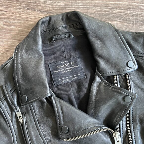 AllSaints Slim Fit Leather Biker Jacket US Size 0 - Picture 7 of 16